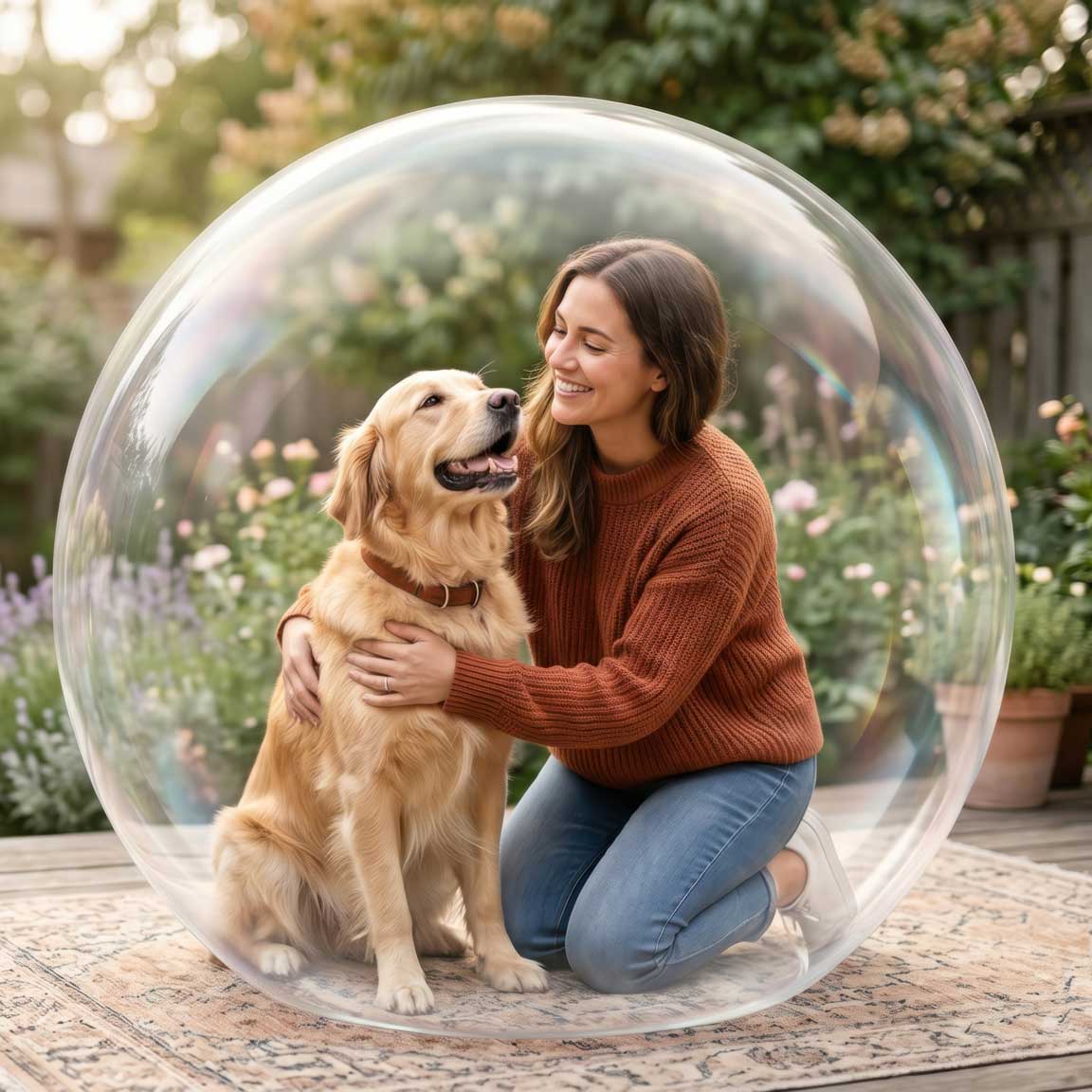 Chien et sa maîtresse assis dans une bulle représentant la protection d'une assurance pour animaux de compagnie