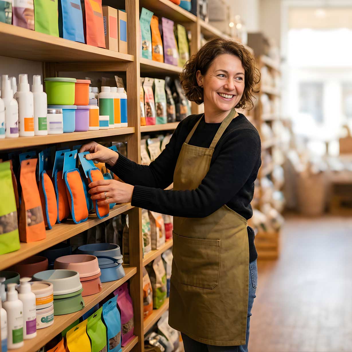 Femme propriétaire de son épicerie (local commercial), rangeant ses produits